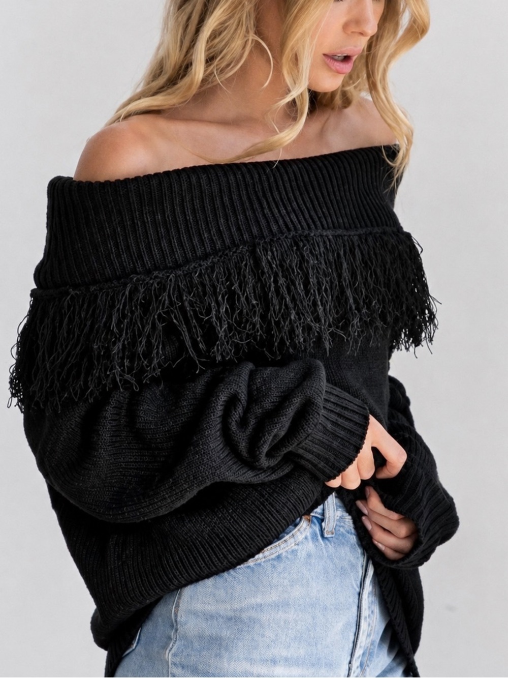 Fringe Chunky Knit Off Shoulder Sweater